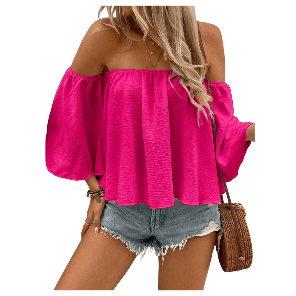 NWT SweatyRocks Womens Off Shoulder Ruffle Hem‎ Chiffon Blouse Hot Pink Small
